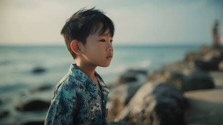Portrait of asian boy on the beach at sunset time.の素材