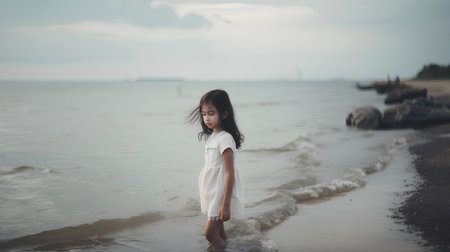 Little asian girl standing on the beach and looking at the seaの素材