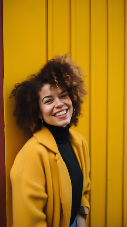 Portrait of a beautiful young african american woman with afro hairstyle, wearing yellow coat, standing against yellow wall.の素材