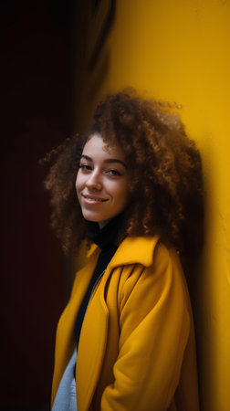 Beautiful african american woman with curly hair in yellow coatの素材