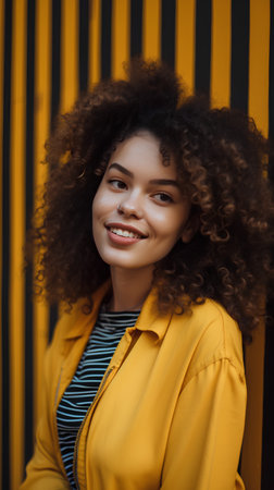 Portrait of a beautiful young african american woman with afro hairstyle in a yellow jacketの素材