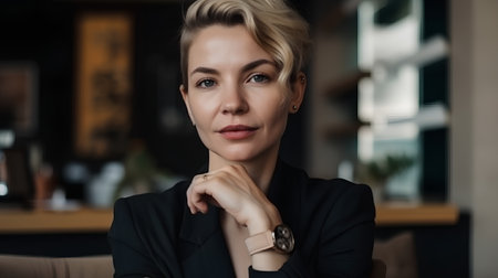 Portrait of a beautiful businesswoman sitting in a cafe and looking at cameraの素材