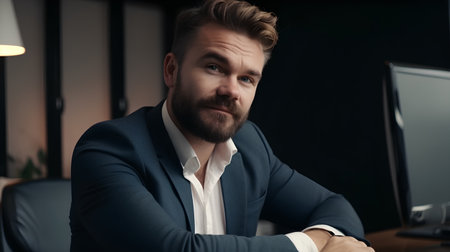 Portrait of a handsome businessman sitting at his desk in office.の素材