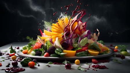 Fresh vegetable salad with fruits and vegetables on a black background. Healthy food concept.の素材