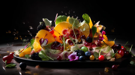 Fruit salad with berries and fruits on a black background. The concept of healthy eating.の素材
