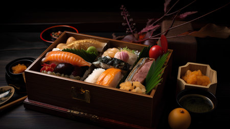 Sushi set in a wooden box on a black background. Japanese foodの素材