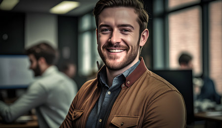 Portrait of a handsome young businessman smiling at camera while standing in office.の素材