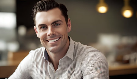 Portrait of handsome young man smiling at camera while sitting in cafeの素材