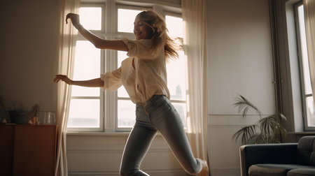 Beautiful young woman dancing at home in the living room. The girl is dressed in a white shirt and jeans.の素材