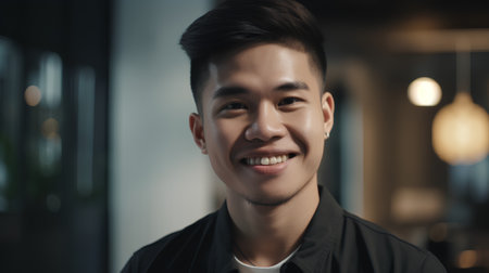 Portrait of young handsome asian man smiling at camera indoors.の素材