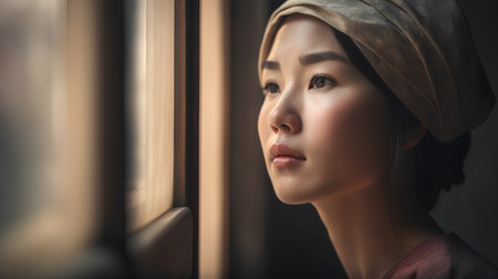Beautiful Asian woman with a headscarf looking out the windowの素材