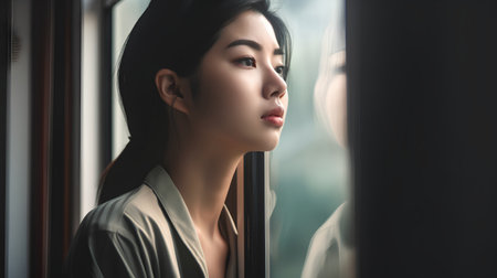 Beautiful asian woman looking through the window at home, beauty and fashion conceptの素材