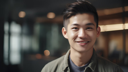 Portrait of handsome young asian man smiling and looking at cameraの素材