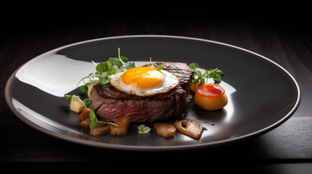 Steak with fried egg and vegetables on a dark wooden background.の素材