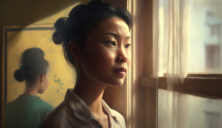Portrait of a beautiful asian woman looking out the window.の素材