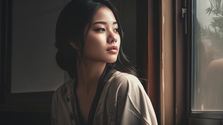 Portrait of beautiful asian woman looking through the window at homeの素材
