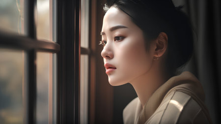 Beautiful asian woman looking through the window in the morning.の素材