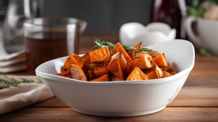 Bowl with tasty baked sweet potato on wooden table, closeupの素材