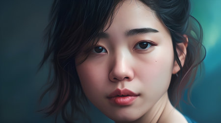 Portrait of a beautiful asian woman with blue eyes and red lipsの素材
