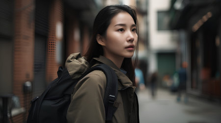 Portrait of a beautiful young asian woman with backpack walking in the cityの素材