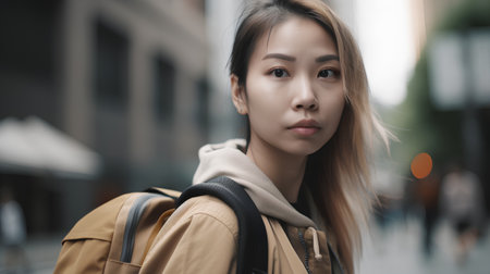 beautiful young asian woman with backpack walking in the city.の素材