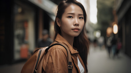 Portrait of a beautiful young asian woman walking in the cityの素材