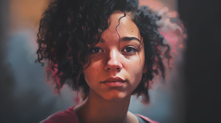 Portrait of a beautiful mixed race woman with curly hair and frecklesの素材