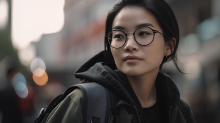 Portrait of a beautiful young asian woman wearing eyeglasses in the cityの素材