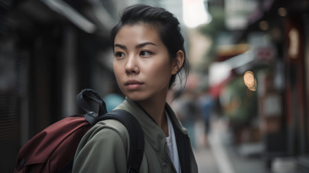 Portrait of a beautiful asian woman with backpack in the cityの素材