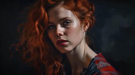 Portrait of a beautiful young woman with red hair on a dark backgroundの素材