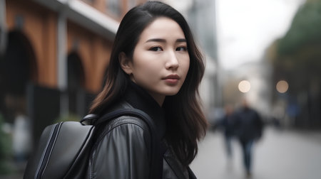 Portrait of a beautiful young asian woman walking in the cityの素材