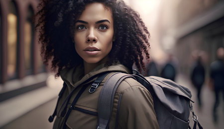 Beautiful young african american woman with curly hair in the cityの素材