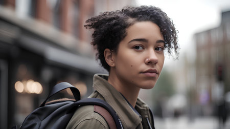 Young beautiful african american woman with curly hair in the cityの素材