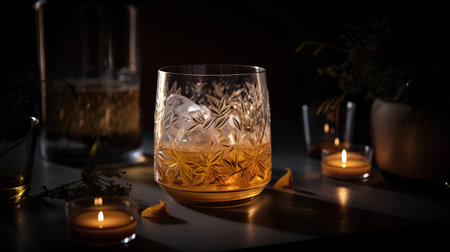 Glass of whiskey with ice cubes and burning candles on dark background.の素材