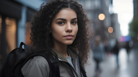 Portrait of a beautiful young woman with curly hair in the cityの素材