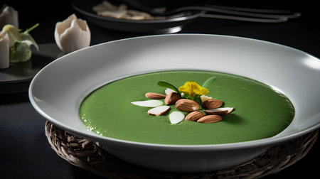 Spinach cream soup with almonds in white bowl on black backgroundの素材