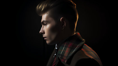 Portrait of a handsome young man in a coat on a black backgroundの素材