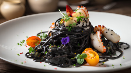 Black spaghetti with seafood and vegetables on a white plate, close-upの素材