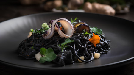 Black spaghetti with squid ink, mussels and herbs on black plateの素材