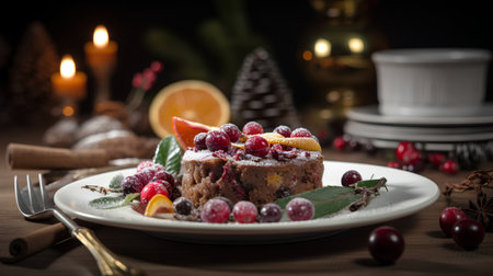 Christmas cake with cranberries and orange on a wooden table, selective focusの素材