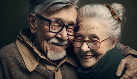 Portrait of happy senior couple hugging and looking at camera on dark backgroundの素材