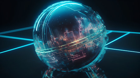 Futuristic globe with glowing blue neon lines. 3D renderingの素材