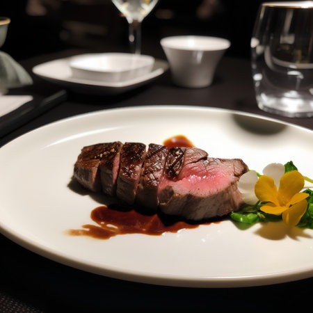 beef sirloin steak on a white plate in a restaurantの素材