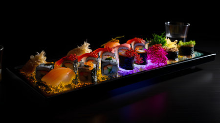 Sushi set on a black background. Sushi menu. Japanese food.の素材
