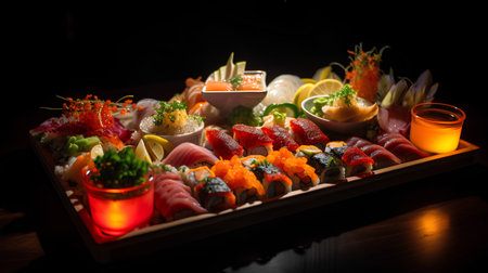 Sushi set on a wooden tray. Sashimi, sashimi, nigiri, nigiri, nigiri, uramaki, nigiri, sashimi, japanese food.の素材