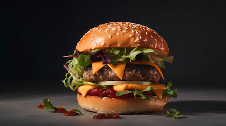 Hamburger with fresh vegetables on a dark background. Copy space.の素材