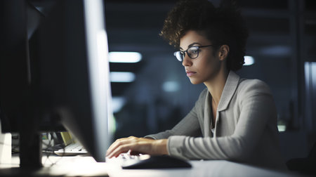 Portrait of young businesswoman working on computer at night in officeの素材