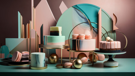 3d render of abstract composition with geometrical shapes and macaroons.の素材