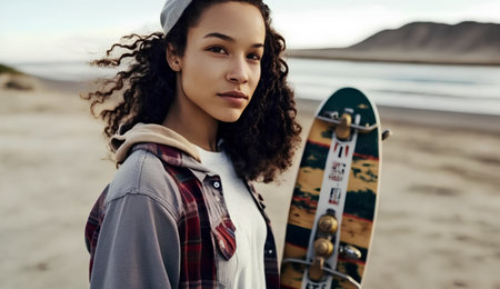 Portrait of a beautiful young woman with a skateboard on the beachの素材