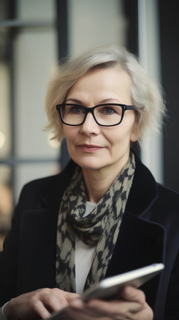 Portrait of mature businesswoman in eyeglasses using digital tabletの素材